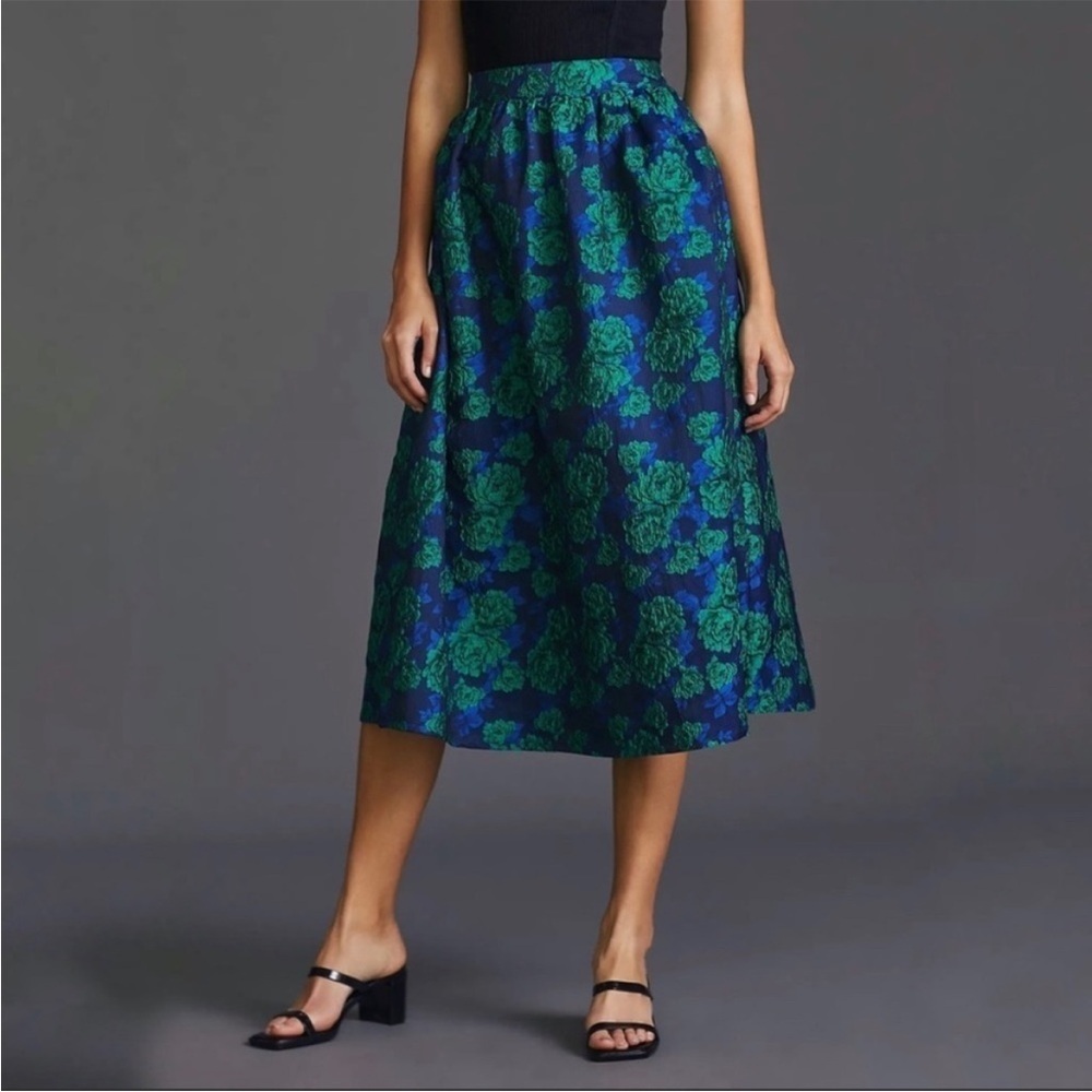 Anthropologie Green and Blue Floral A-Line Skirt - Picture 4 of 12